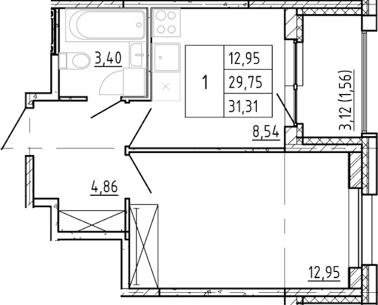 1-комнатная квартира 29.75 м², 6/12 эт., ЖК «Полис Новоселье»